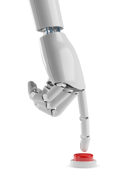 Photo la main robotique appuyant sur un bouton rouge isolé sur un fond blanc illustration 3d