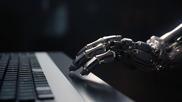 Main robotique appuyant sur un clavier sur un ordinateur portable rendu 3D IA générative