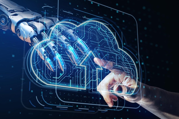 Main robotique avancée interagissant avec des circuits numériques IA générative