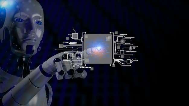 La main robotique avec technologie icône d'élément numérique isolée sur bleu La vérification de l'identité des utilisateurs autorisés pour l'accès à l'IA est un moyen de maintenir la confidentialité de la sécurité sur le concept de technologie