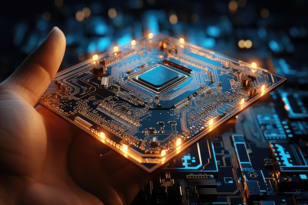 une main robotique tenant une carte de circuit imprimé bleu brillant avec un circuit complexe ai généré