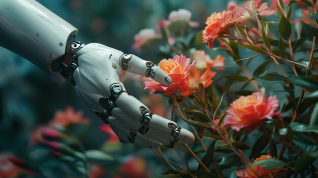 Une main robotique tend la main pour toucher une fleur délicate devant un fond vert luxuriant