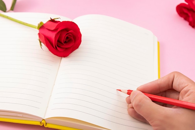 Main Rose Saint Valentin Écriture Livre Amour Sur Fond Rose Créatif