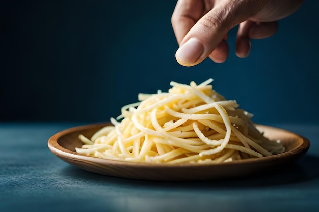 Une main saupoudrant du fromage sur une assiette