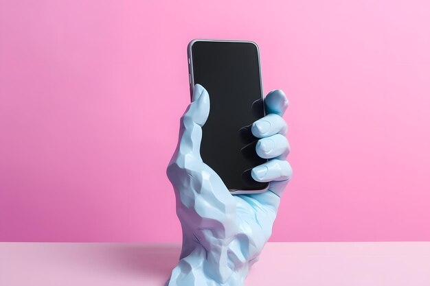 La main de la sculpture tient un smartphone avec un écran noir Maquette de collage d'Art Neubrutalisme Style Y2k Generative Ai