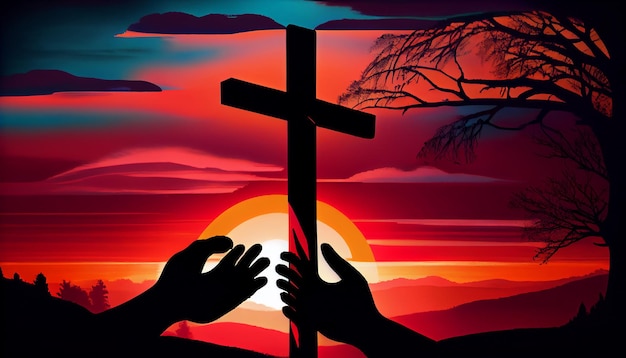La main secourable de Dieu et la croix sur fond de coucher de soleil Générer Ai