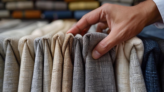 Une main sélectionnant des échantillons de tissu de laine dans des tons neutres élégance pour des vêtements sur mesure générés par l'IA