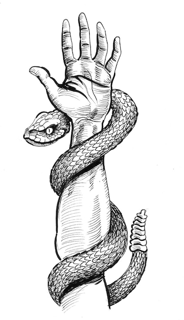 Photo main avec un serpent à sonnette. dessin noir et blanc à l'encre