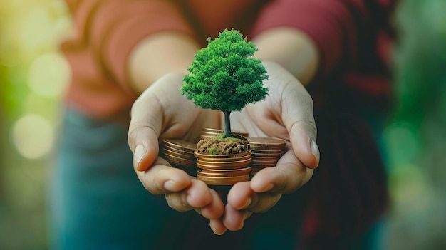 Une main serrant une pile de pièces avec un arbre en croissance représentant la croissance financière