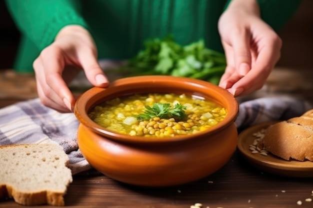 Main servant un bol de soupe aux lentilles avec du pain frais