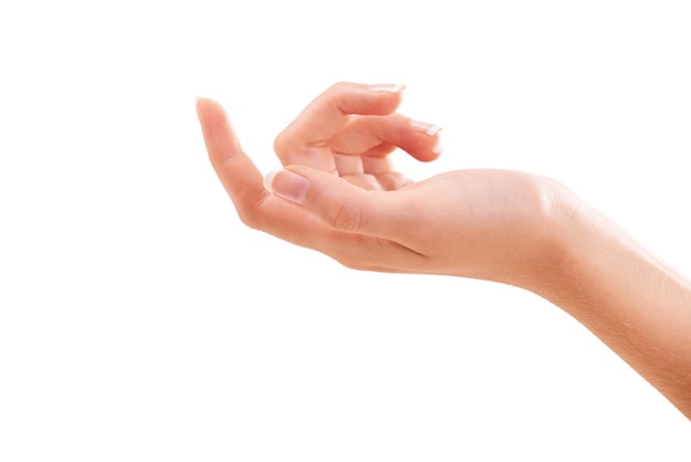 Main et soin de la peau de la femme dans la manucure de beauté ou le traitement cosmétique des ongles sur un fond blanc de studio Closeup de la paume de la personne féminine pour un éclat de peau douce ou la dermatologie dans le bien-être sur l'espace de mock-up