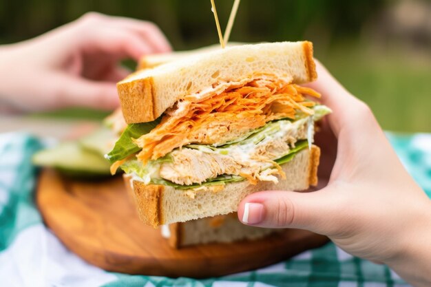 Photo main soulevant un sandwich au poulet buffalo d'un panier pique-nique