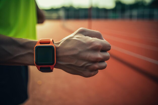 Main d'un sportif avec une montre intelligente sur une piste de course générée par ai