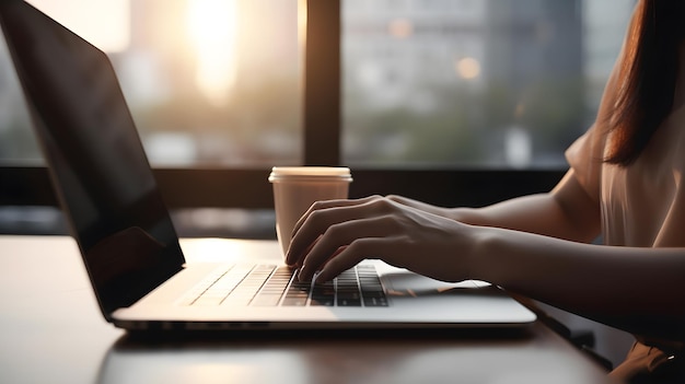 main tapant sur un ordinateur portable avec une tasse de café sur la table