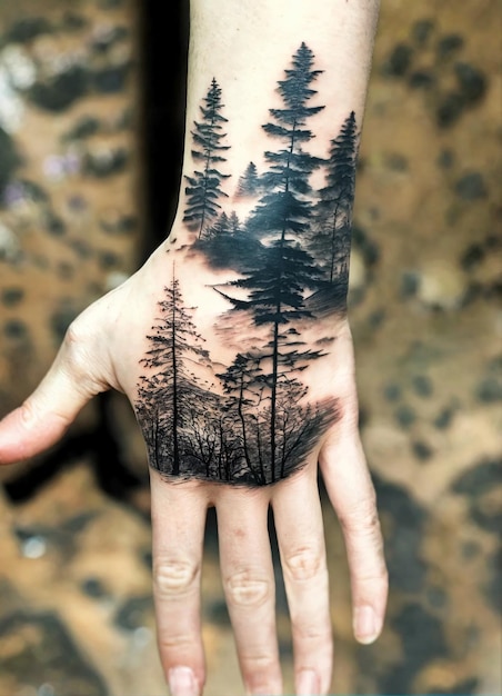 Photo une main avec un tatouage de forêt sur elle qui dit 