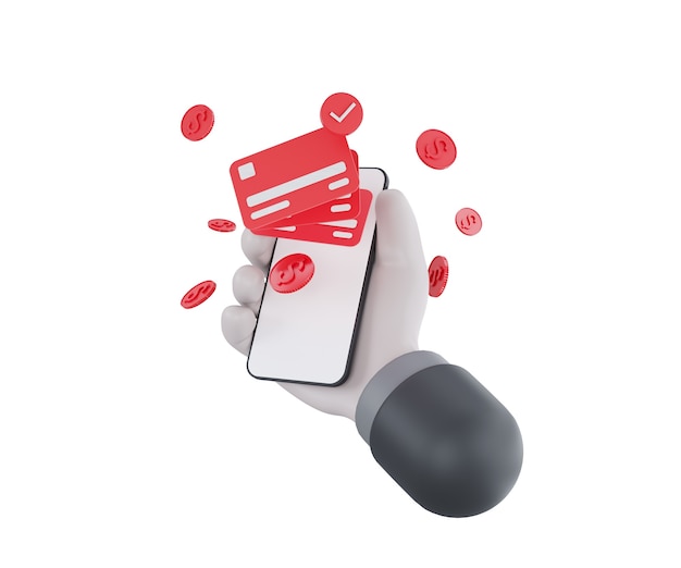Main avec téléphone avec banque en ligne isolé sur fond blanc argent en rouge Paiement