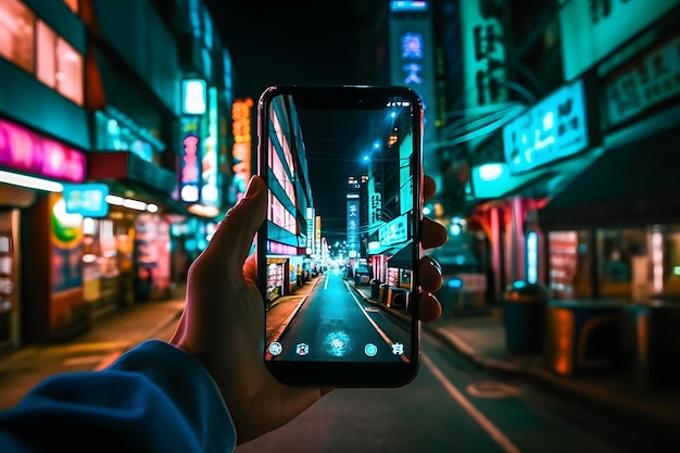 Une main avec un téléphone prend des photos d'une ville japonaise Générée par l'IA d'un réseau de neurones