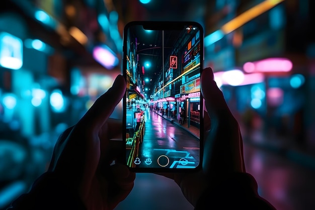 Une main avec un téléphone prend des photos d'une ville japonaise Générée par l'IA d'un réseau de neurones