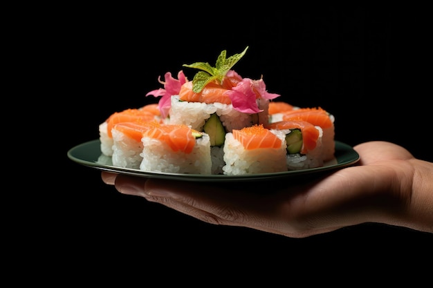 Une main tenant une assiette de sushi
