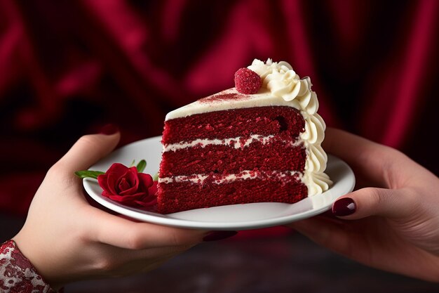 Photo une main tenant une assiette avec une tranche de gâteau de velours rouge