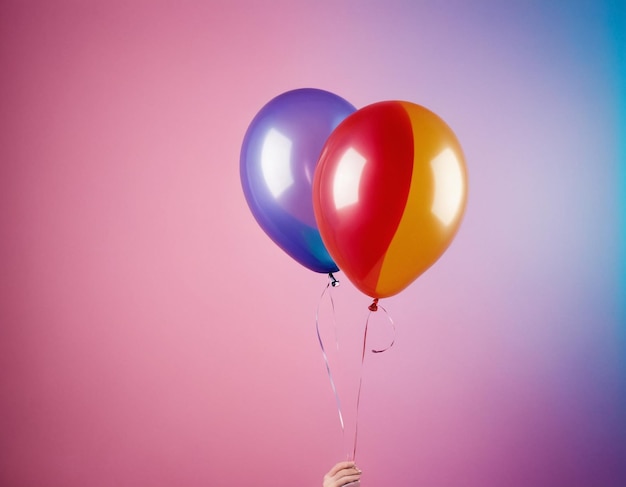 une main tenant des ballons colorés avec un fond rose