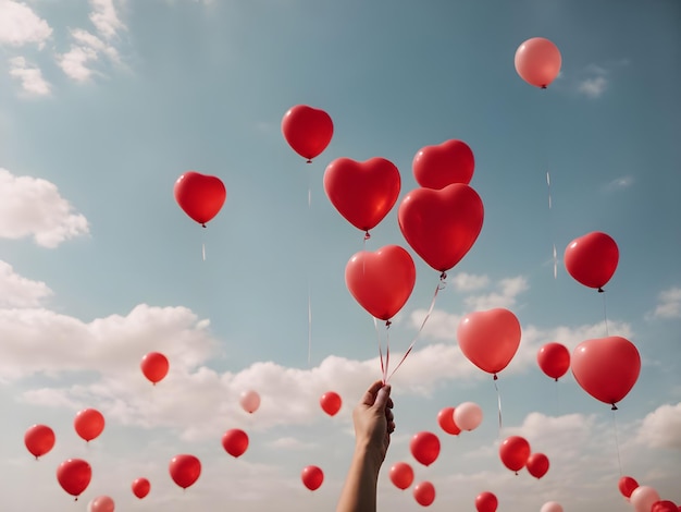 main tenant des ballons en forme de cœur rouge volant dans le ciel bleu