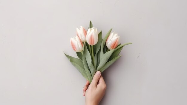 La main tenant un beau bouquet de fleurs de tulipes isolée sur un fond de mur clair