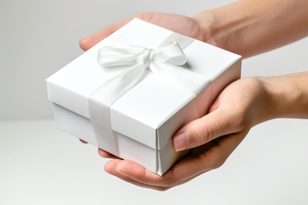 La main tenant une boîte blanche donne un cadeau sur un fond blanc