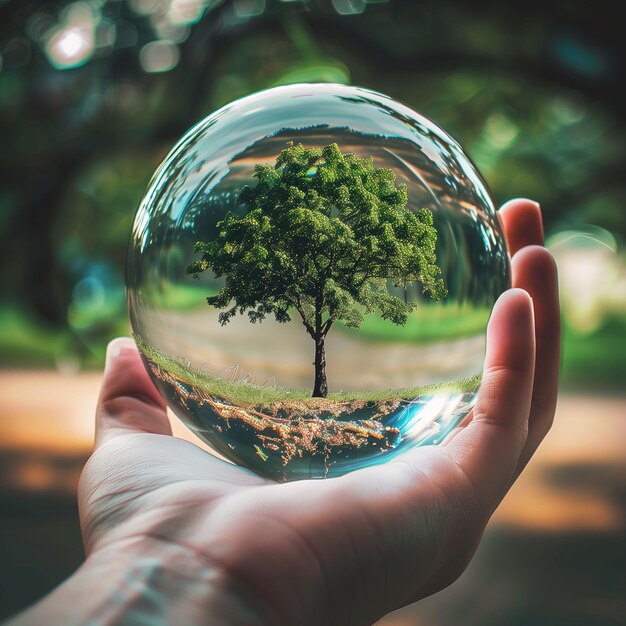 Photo une main tenant une boule de verre qui a un arbre dedans