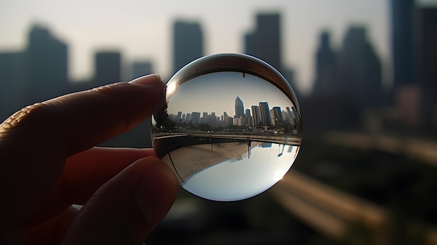 Une main tenant une boule de verre transparente reflète le paysage de la ville