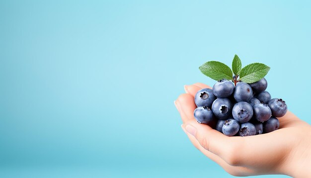 une main tenant un bouquet de bleuets avec des feuilles vertes sur un fond bleu