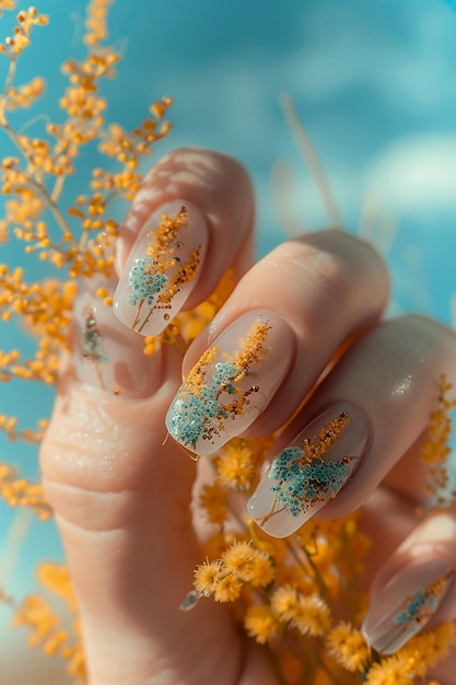 Photo une main tenant un bouquet de fleurs jaunes avec un ongle manucuré