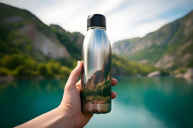 Main tenant une bouteille d'eau thermo réutilisable avec la nature en arrière-plan concept extérieur