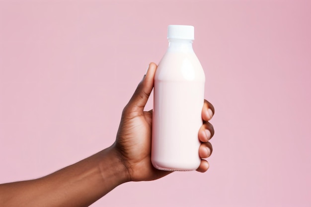 une main tenant une bouteille de lait sur un fond rose