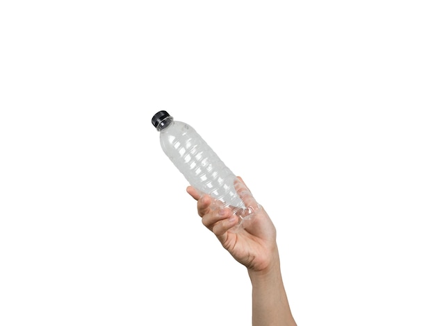 Main tenant une bouteille en plastique blanche isoléeMan main tenant une bouteille d'eau vide