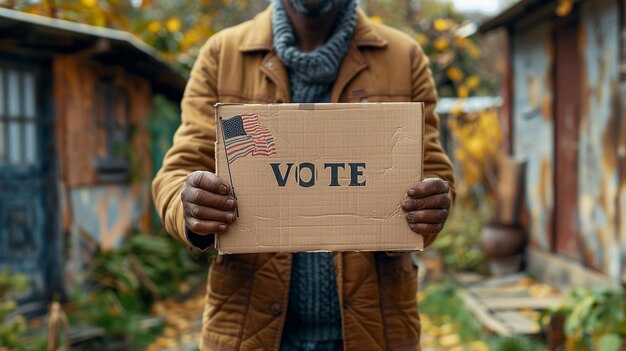 Une main tenant un bulletin de vote avec le mot VOTE Concept du processus démocratique et émettant votre vote fond flou