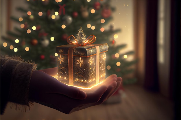 Main tenant un cadeau Il y a un arbre de Noël décoré en arrière-plan avec des lumières