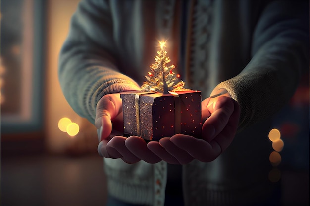 Main tenant un cadeau Il y a un arbre de Noël décoré en arrière-plan avec des lumières
