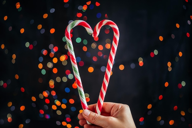 Une main tenant des cannes de bonbon en forme de coeur contre le bokeh des lumières de l'arbre de Noël