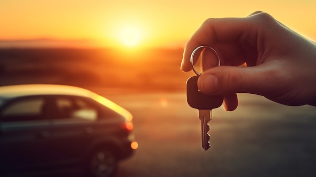 main tenant la clé conduisant la voiture au coucher du soleil