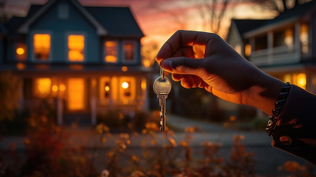 Une main tenant une clé devant une belle maison nichée dans un quartier désirable