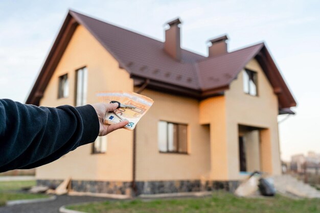 Main tenant des clés et de l'argent devant la maison Projet de construction passant à un nouveau loyer hypothécaire