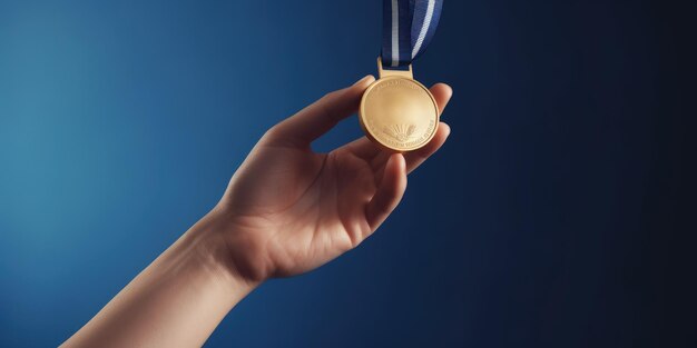 Main tenant le concept de compétition de médaille d'or fond bleu AI générative