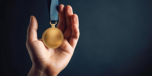 Main tenant le concept de compétition de médaille d'or fond bleu IA générative