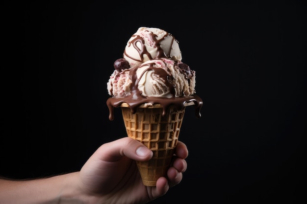 Une main tenant un cône de crème glacée rempli de chocolat