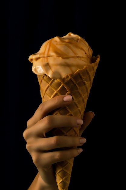 Une main tenant un cornet de crème glacée avec du caramel dessus