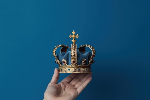 Photo main tenant une couronne dorée sur fond bleu couronne du roi ai