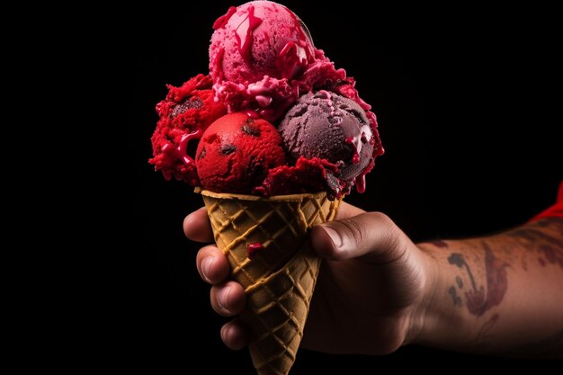 La main tenant une délicieuse glace avec un biscuit