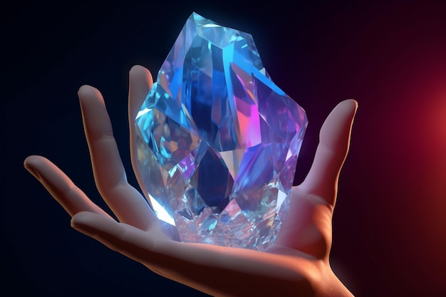 Une main tenant un diamant bleu dans l'obscurité