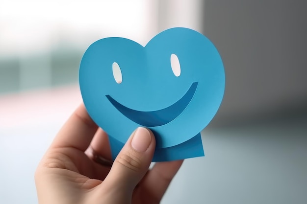 Main tenant du papier bleu coupé visage souriant heureux généré par l'IA